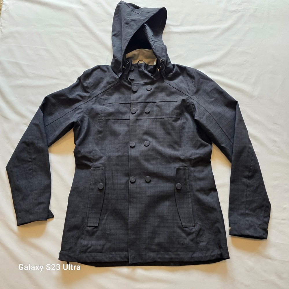 REI Women's Jacket Gray Plaid Hooded Double Breasted Zip Up RN 37249 rain jacket